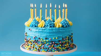 Blue frosting birthday cake with yellow candles on a blue background