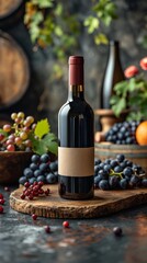 Obraz premium Single Wine Bottle Mockup in Natural and Kitchen Settings Customizable Blank Label for Personalized Branding