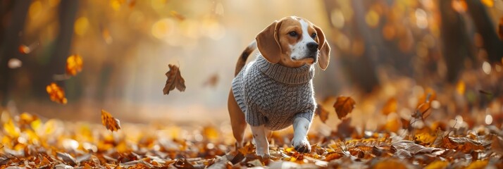 Fototapeta premium A Beagle wearing a cozy sweater walks through a path covered in colorful autumn leaves