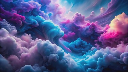 Vibrant swirling clouds of blue and purple hues dissolve into abstract shapes on a dark gradient background with soft focus.