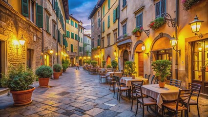 Obraz premium Charming cobblestone street in Lucca Italy lined with ancient buildings ornate lanterns and inviting tables of a quaint restaurant setting.