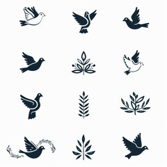 Fototapeta premium Peace dove graffiti, pigeons, twigs ink illustration. Flying birds silhouettes monochrome flat icons