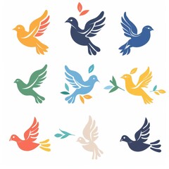 Obraz premium Peace dove graffiti, pigeons, twigs ink illustration. Flying birds silhouettes monochrome flat icons
