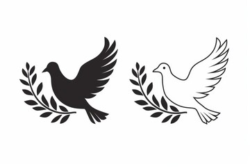 Obraz premium Peace dove graffiti, pigeons, twigs ink illustration. Flying birds silhouettes monochrome flat icons