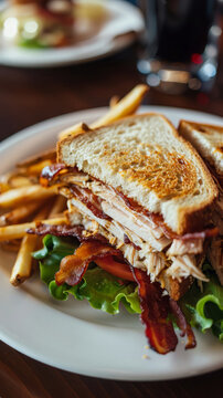 A classic club sandwich with layers of turkey baco 7 3 baking, baking cup, cake, color, cuisine, cupcake, dessert, food, furniture, high-key, on1 keyword ai, sandwich, table, vivid, white, giga
