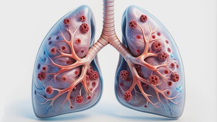 Stylized 3D lungs with scar tissue representation, highlighting alveoli damage, fibrotic lesions, and inflammatory response in white background illustration.