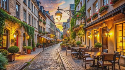 Serene empty cobblestone street lined with charming cafes, ornate lamp posts, and historic buildings in soft warm afternoon light.