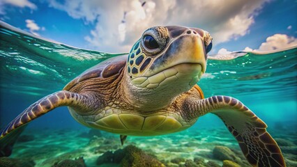 Fototapeta premium A serene green sea turtle breaks the ocean's surface, its ancient eyes gazing upwards as it takes a slow, deliberate breath.