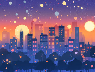 Ai Generated Art Flat 2D Poster Background Minimalisic Big Major City View at Night or Sunset