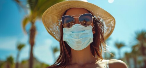 Woman Wearing Face Mask and Sunglasses Under Palm Trees on Sunny Day
