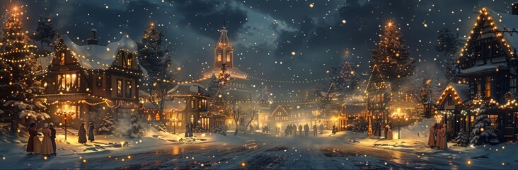 Naklejka premium Snowy Christmas Eve in a Quaint Village With Twinkling Lights
