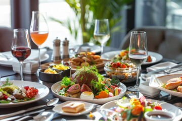 Luxurious brunch setting with a variety of gourmet dishes, elegant tableware and a sophisticated dining atmosphere