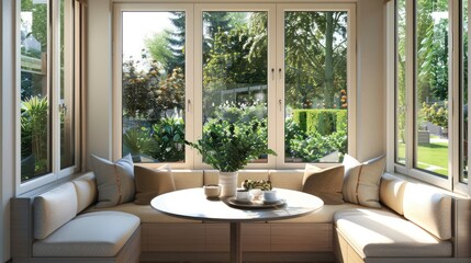 Fototapeta premium A contemporary breakfast nook with a round table, cushioned bench seating, large windows, and a garden view.