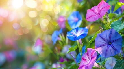 Blooming morning glory flowers in kitchen garden setting Vivid background with space for text