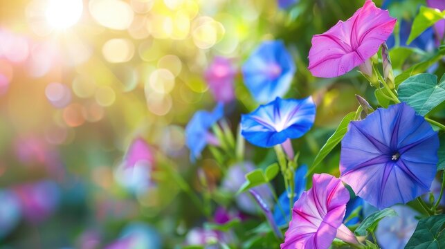 Blooming morning glory flowers in kitchen garden setting Vivid background with space for text