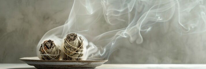 Two sage bundles smolder on a plate, releasing wispy white smoke against a minimalist background