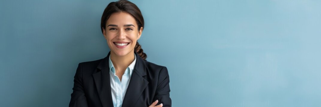 A confident woman in a tailored blazer smiles with arms folded against a soft blue backdrop
