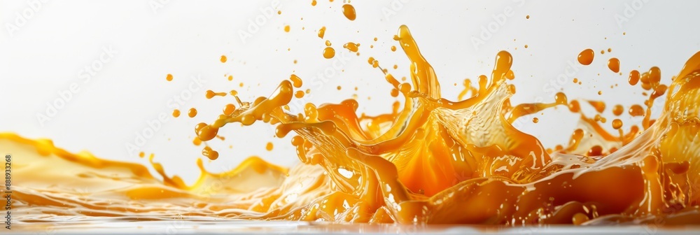 Poster a splash of orange juice erupts upwards, creating a dynamic and energetic pattern against a white ba