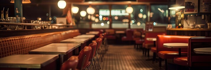 A dimly lit diner interior with empty booths along the wall. The background is blurred, leaving room for text overlay