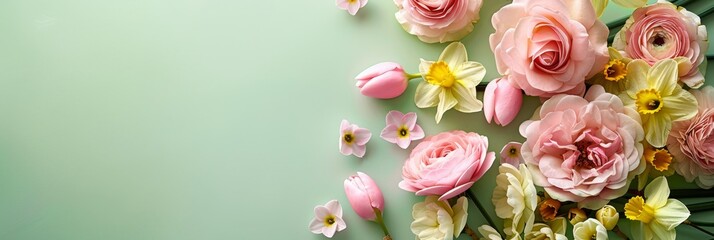 Close-up of a vibrant floral arrangement featuring pink roses, pastel daffodils, and tulips on a soft green background, leaving space for text