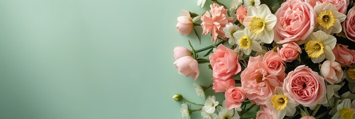 A close-up of a spring floral arrangement featuring pink roses and pastel daffodils on a soft green background with space for text