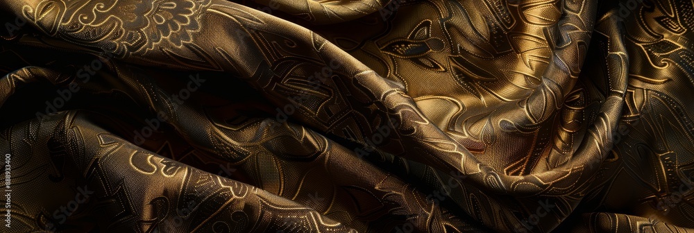 Poster close-up photo of luxurious silk fabric with intricate patterns draped and folded, showcasing its so