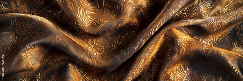 Poster close-up of an elegant silk fabric with intricate patterns and soft lighting, perfect for texture an