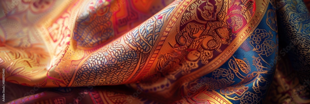 Poster a close-up shot of a folded silk fabric with intricate patterns, illuminated by soft light, creating