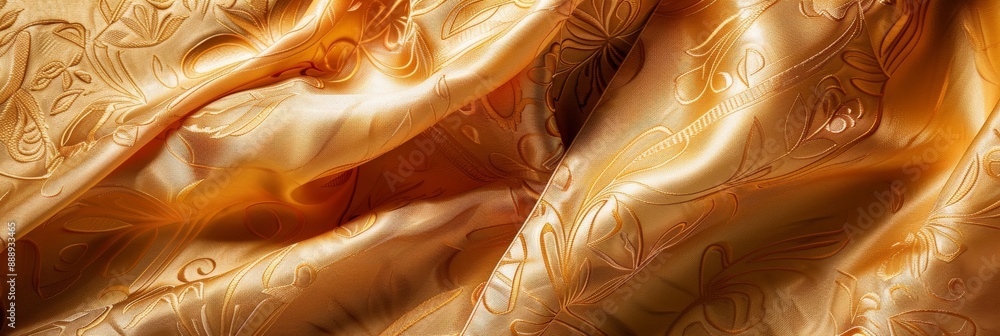 Aufkleber close-up shot of a golden silk fabric with intricate floral patterns, illuminated by soft lighting. 