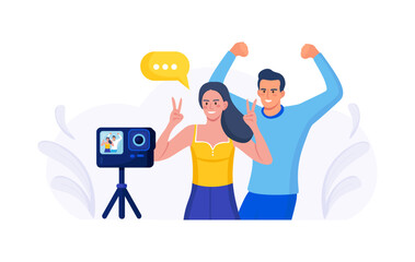 Blogger people make video blog content, channel in social media. Man and woman in front of phone camera recording video to share it in internet. Live streaming, broadcast. Online conferencing