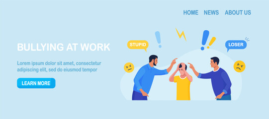 Abuse or bullying colleague. People blaming at depressed businessman. Employees point fingers and laugh at frustrated man. Emotional stress on work. Quarrel or work conflict between colleagues