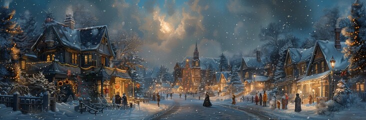 Fototapeta premium Snowy Christmas Eve in a Quaint Village With Twinkling Lights