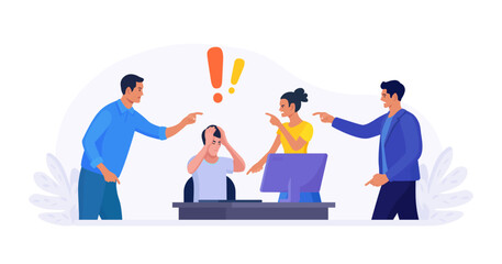 Abuse or bullying colleague. People blaming at depressed businessman. Worker sitting at desk with computer and documents hiding head. Employees point fingers and laugh. Emotional stress on work