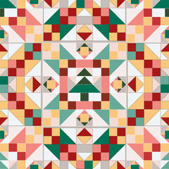 Vector seamless Christmas patchwork pattern. Design imitating sewing from scraps of fabric. For printing on textiles, paper, wallpaper, packaging.