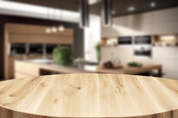 Empty wooden table top at kitchen interior.