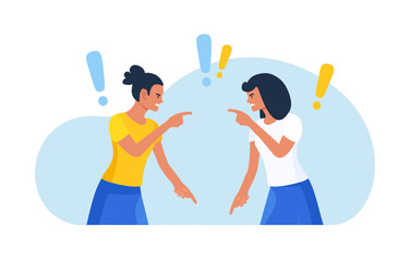 Business conflict, rivalry among colleagues. Two women arguing and fighting. Colleagues debating or misunderstanding. People quarrel and swear. Aggressive characters yell at each other