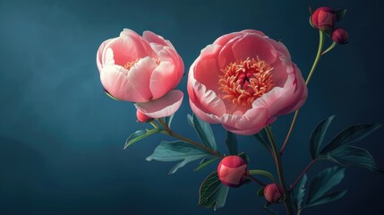 Pink peony flower and red buds on dark blue backdrop