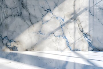 white marble texture with blue veins, light shadows and light rays. product display background 
