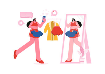 Vector Illustration for a Fashion Blog with Bloggers Reviewing Videos of Fashionable Clothing Trends, Featuring an Online Runway in a Flat Background
