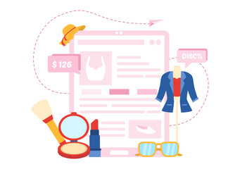 Vector Illustration for a Fashion Blog with Bloggers Reviewing Videos of Fashionable Clothing Trends, Featuring an Online Runway in a Flat Background