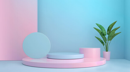 Blue and pink display podium 3d rendering on an 
isolated background