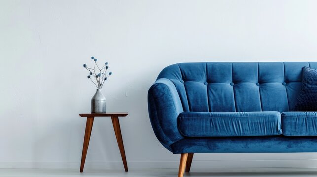 Contemporary blue fabric sofa with wooden legs on white backdrop
