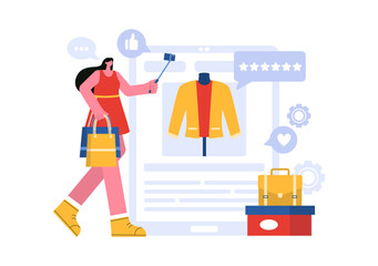 Vector Illustration for a Fashion Blog with Bloggers Reviewing Videos of Fashionable Clothing Trends, Featuring an Online Runway in a Flat Background
