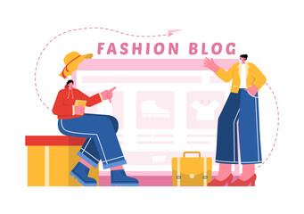 Vector Illustration for a Fashion Blog with Bloggers Reviewing Videos of Fashionable Clothing Trends, Featuring an Online Runway in a Flat Background
