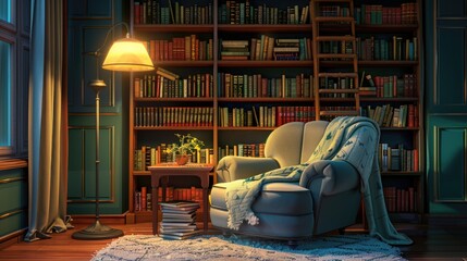 A cozy reading nook with a plush armchair, a floor lamp, a small side table, and shelves filled with books.