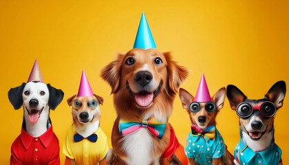 Fototapeta premium funny animals in party costumes, invitation card for party, birthday, carnival, company party, Banner