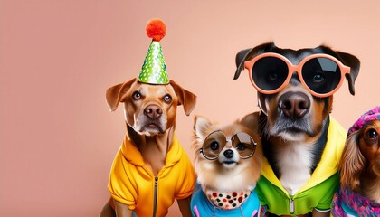 Fototapeta premium funny animals in party costumes, invitation card for party, birthday, carnival, company party, Banner