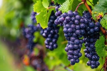 Close-up of ripe, juicy purple grapes hanging on the vine, with vibrant green leaves and a slightly blurred background