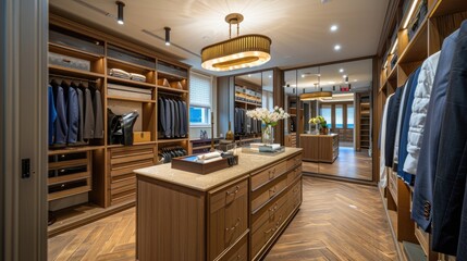 A glamorous walk-in closet with custom cabinetry, a central island, full-length mirrors, and elegant lighting.