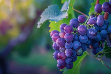 Close-up of a bunch of ripe purple grapes hanging on the vine